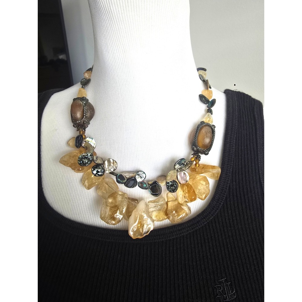 Citrine Quartz Abalone Shell Statement Bib Necklace Bronze Tone Boho Chunky